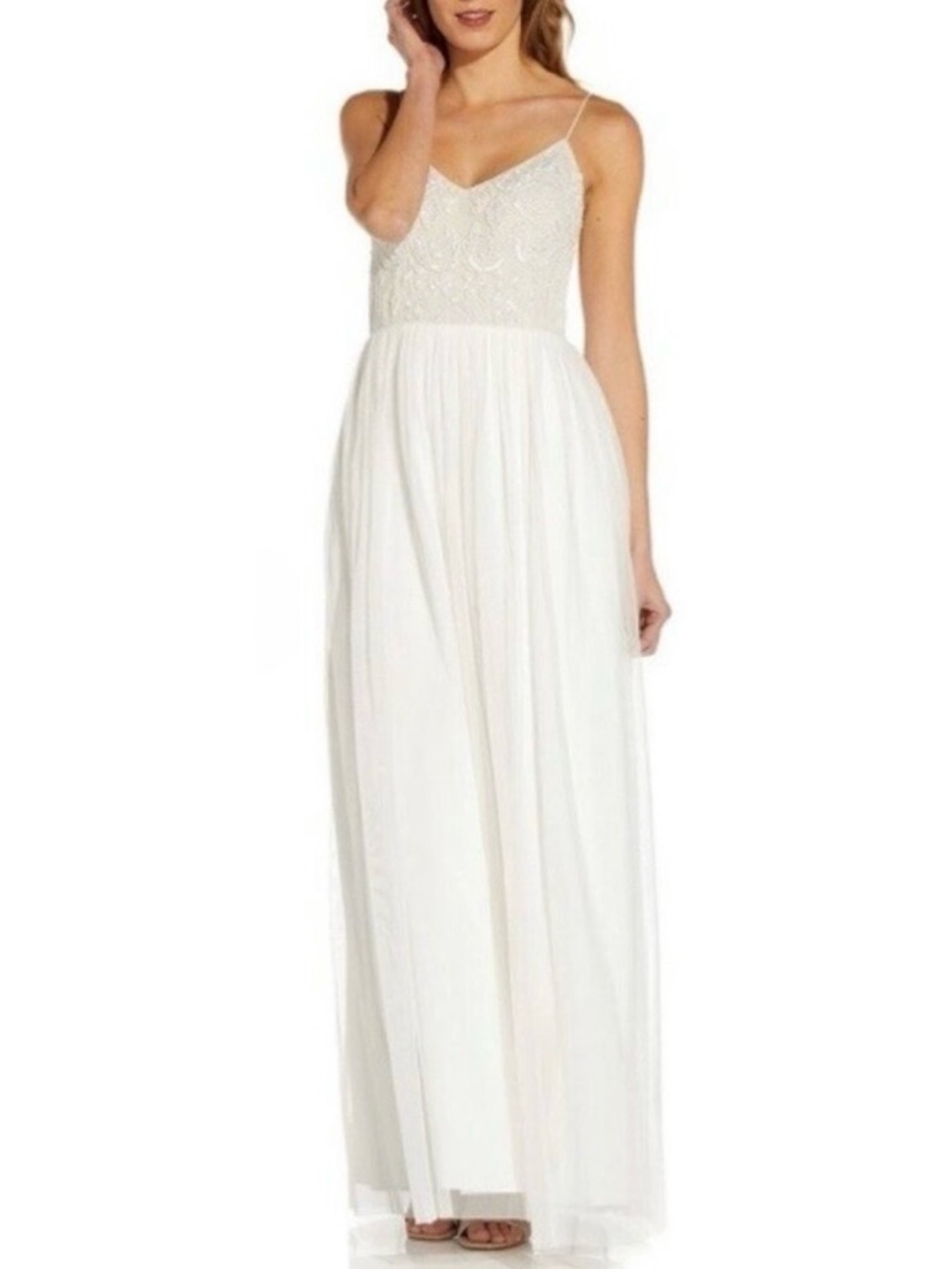 NWT Adrianna Papell Ivory Beaded Bodice Tulle Gown